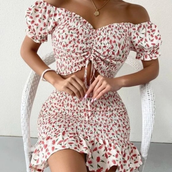 Boho chic Floral  Ruched Shirred Bodice Crop Top & skirt set - Picture 5 of 8